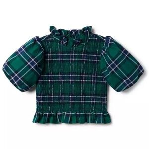 Janie and Jack Plaid Smocked Balloon Sleeve Blouse Top, Green/Blue, Girl's 6